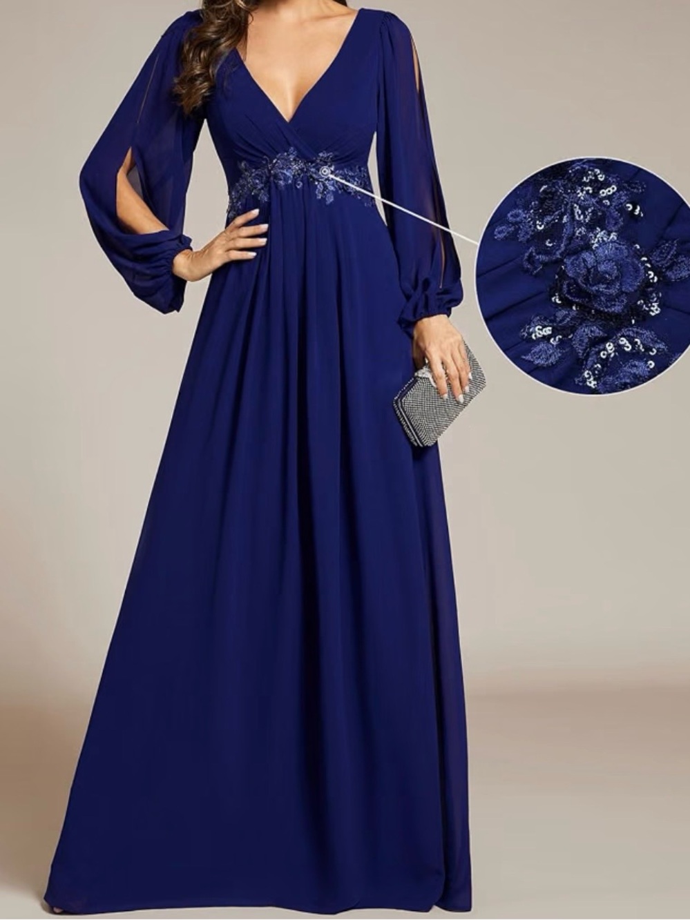 Elegant Navy Long-Sleeve V-Neck Evening Gown with Sequin Waist